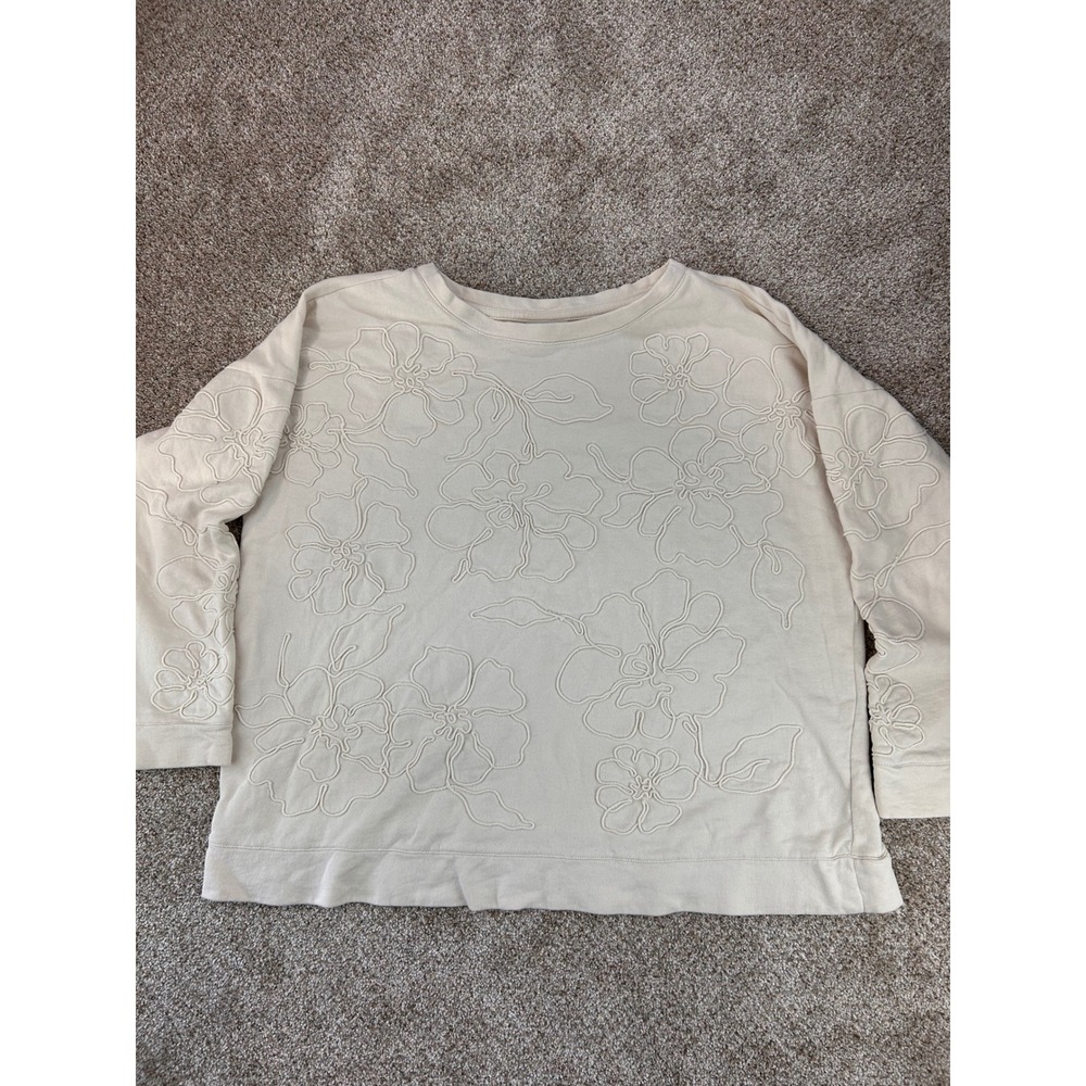 J. Jill Cream Floral Corded Embroidery French Terry Sweatshirt Beige Large